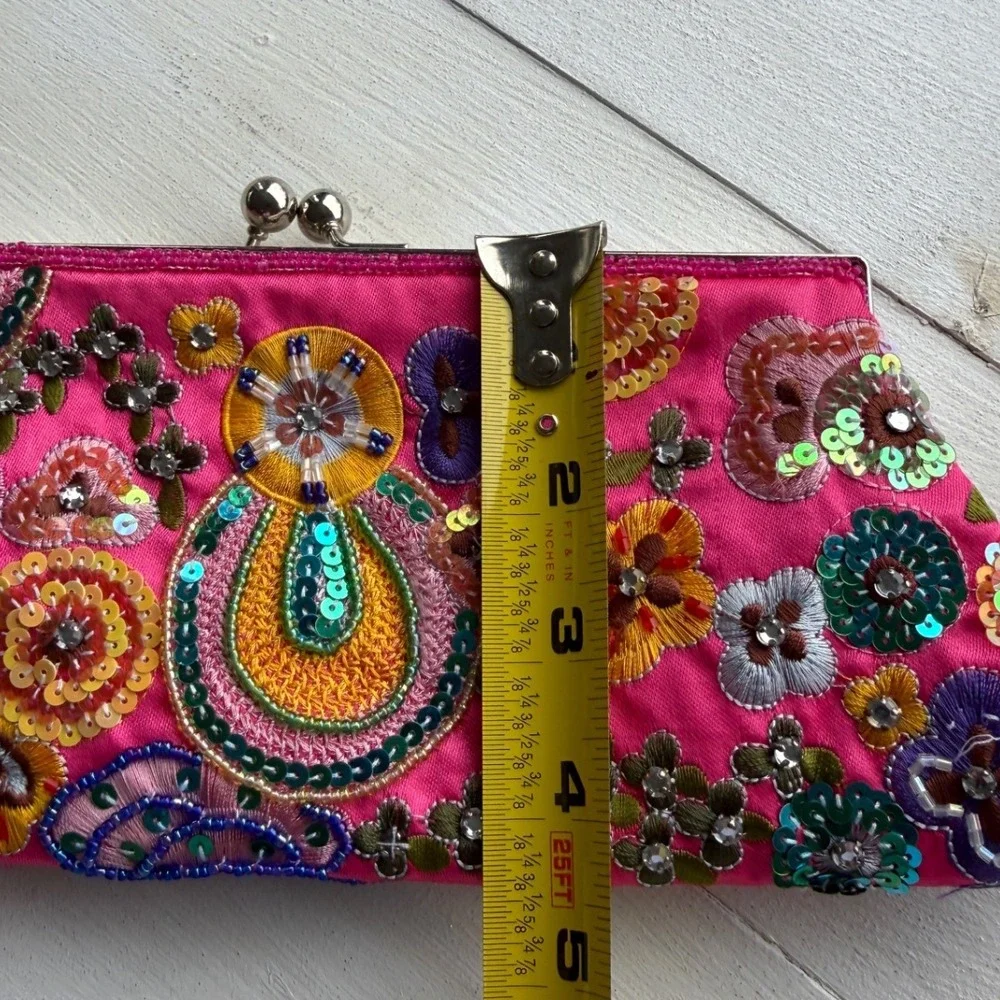 Hot Pink Embroidered Sequin Beaded Floral Clutch Evening Bag